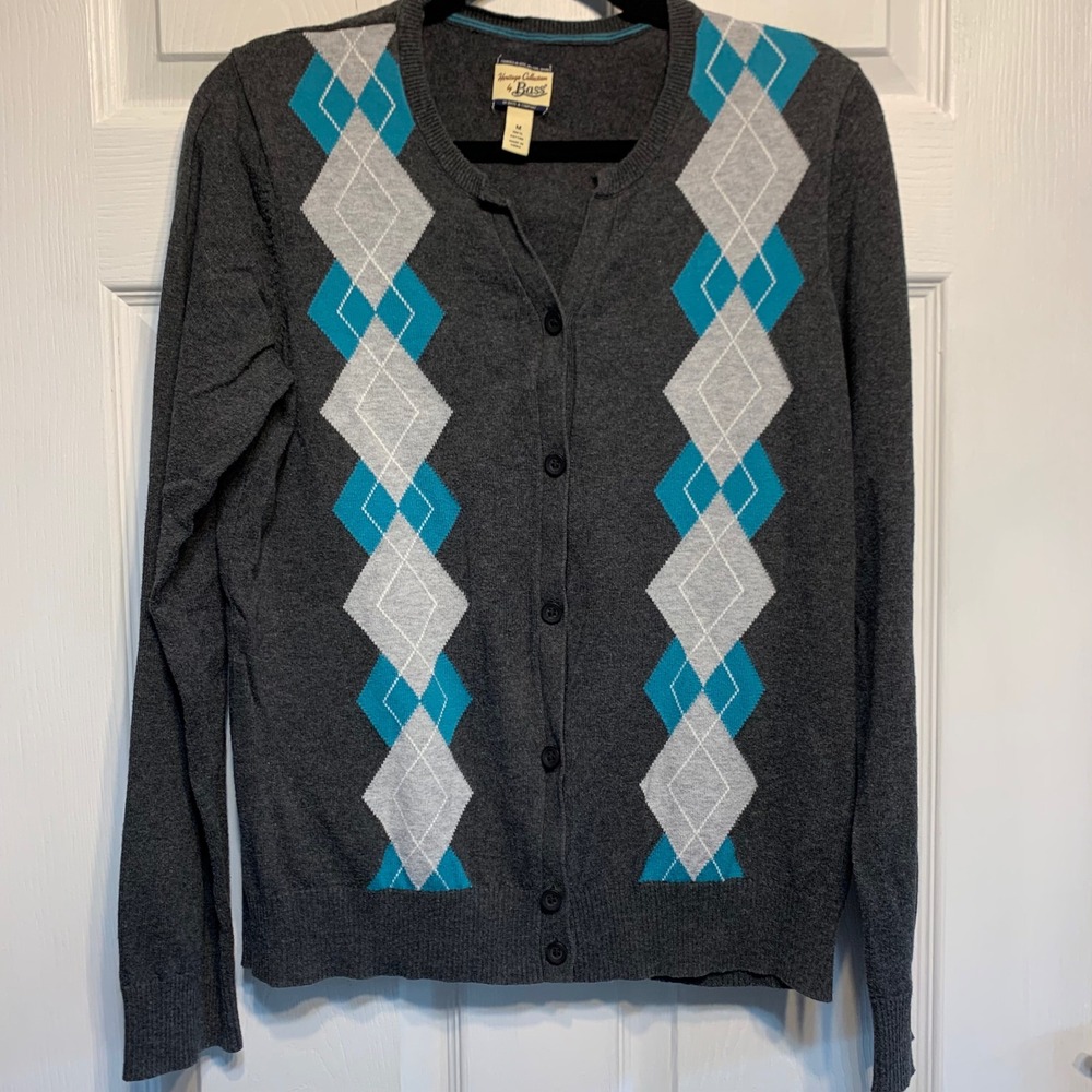 Bass Heritage Collection Argyle Cardigan Size M Cotton Grey Teal Knit Sweater